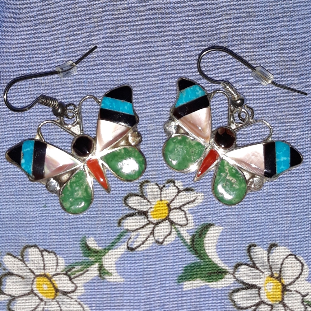 Angus Ahiyite Zuni Inlay Butterfly Dangle Earrings Signed